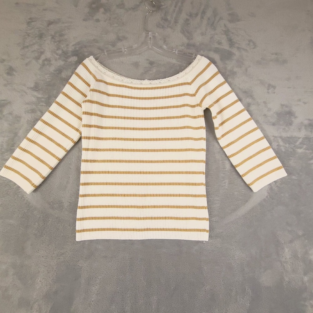 Vanity Sweater Womens Knit Pullover Striped 3/4 Sleeve Lace Collar Beige Brown M